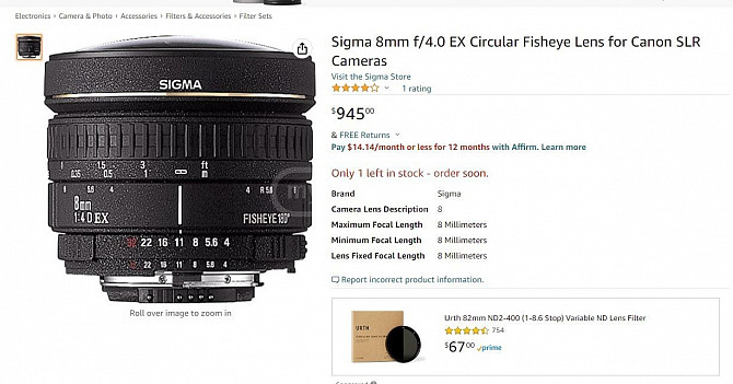 Sigma 8mm F4 AF EX Circular Fisheye Lens " Pentax "Mounts თბილისი - photo 10