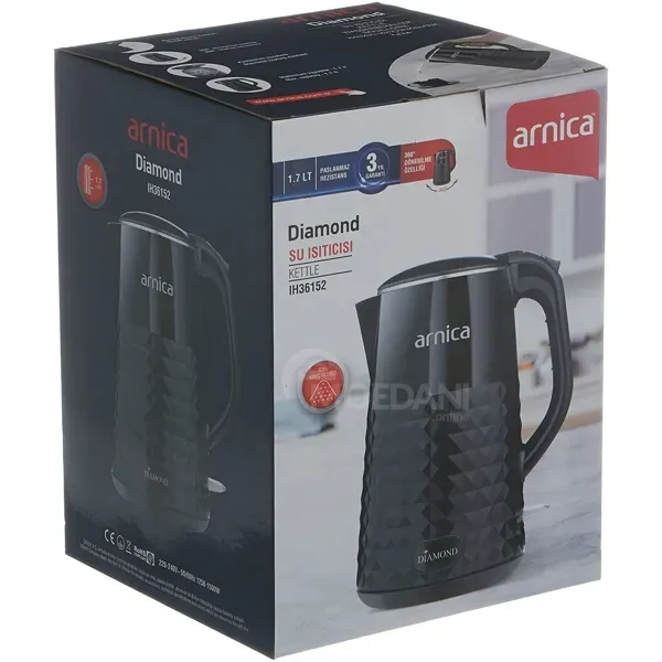Ელექტრო ჩაიდანი Arnica Ih36152 Diamond, 1500W, 1.7L, Electric Kettle, Black თბილისი - photo 4