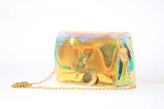 Ქალის ხელჩანთა გამჭვირვალე ოქროსფერი თბილისი