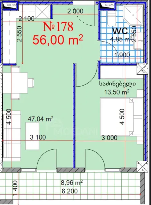 იყიდება 2 ოთახიანი ბინას 56მ² 12/12 სართ თბილისი - photo 11