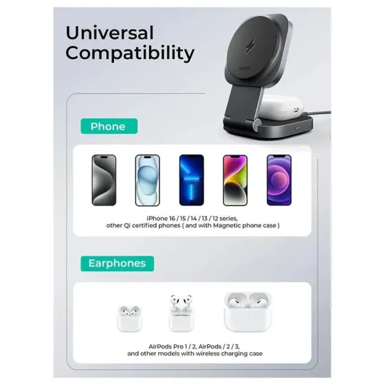 Უსადენო დამტენი 2-IN-1 Aukey LC-Mc211 Magsafe 15W მუქი ნაცრისფერი თბილისი