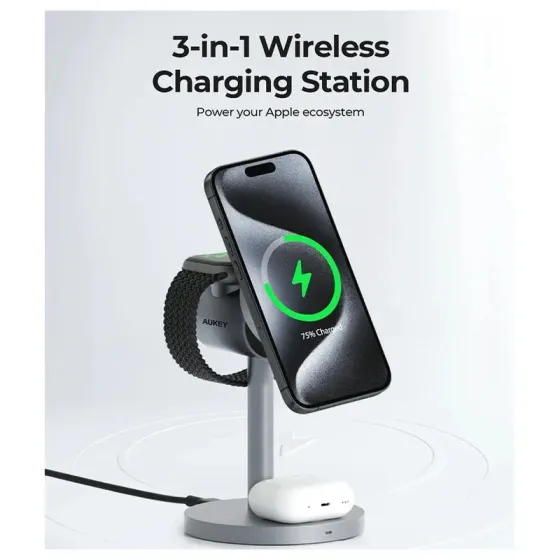 Უსადენო დამტენი 3-1-ში Aukey LC-Mc311 Magsafe QI2.0 30W მუქი ნაცრისფერი თბილისი