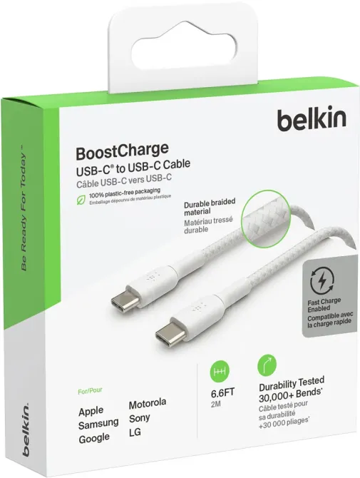 USB კაბელი Belkin Cab004Bt2Mwh Сable USB-C > USB-C Charge/Data, 2M, 60W, Type-C, Braided, White თბილისი - photo 3