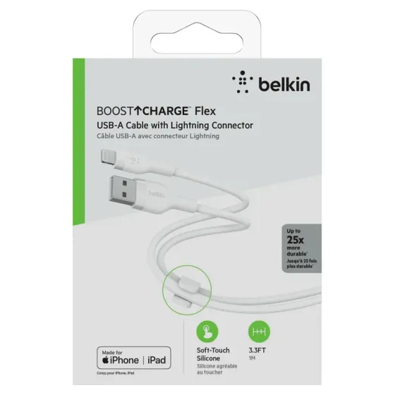 USB კაბელი Belkin Caa008Bt1Mwh Сable USB-A > Lightning Charge/Data, 1M, Silicone, With Clip, White თბილისი