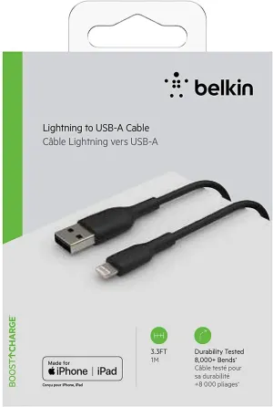USB კაბელი Belkin Caa001Bt1Mbk Сable USB-A > Lightning Charge/Data, 1M, PVC, Black თბილისი