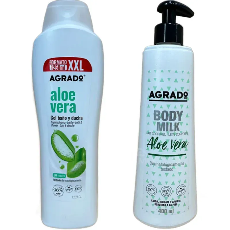 Гель для душа Agrado Shower GEL Aloe + увлажняющий лосьон Agrado Body Milk Aloe (1250 мл, 400 мл) Тбилиси - изображение 1