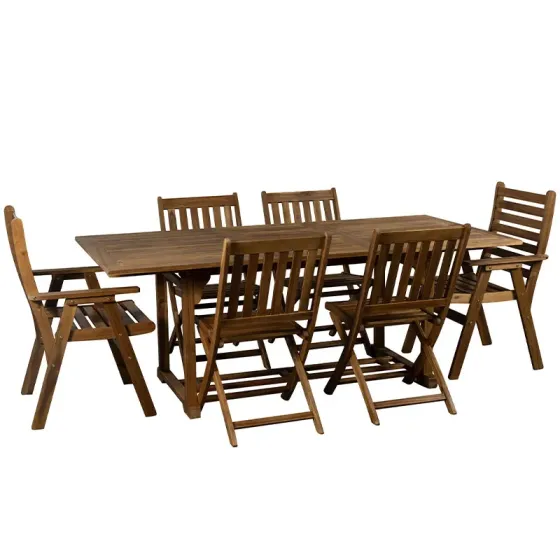 Acacia wood rectangular extendable table with 4 folding chairs and 2 armchairs T054R+2C131/4C026 (1500/200 Tbilisi