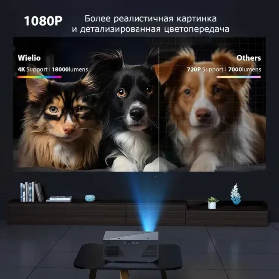 Wielio Full HD 1080p პროექტორი Wi-Fi-ით და Bluetooth-ით + 100 დიუმიანი ეკრანი თბილისი