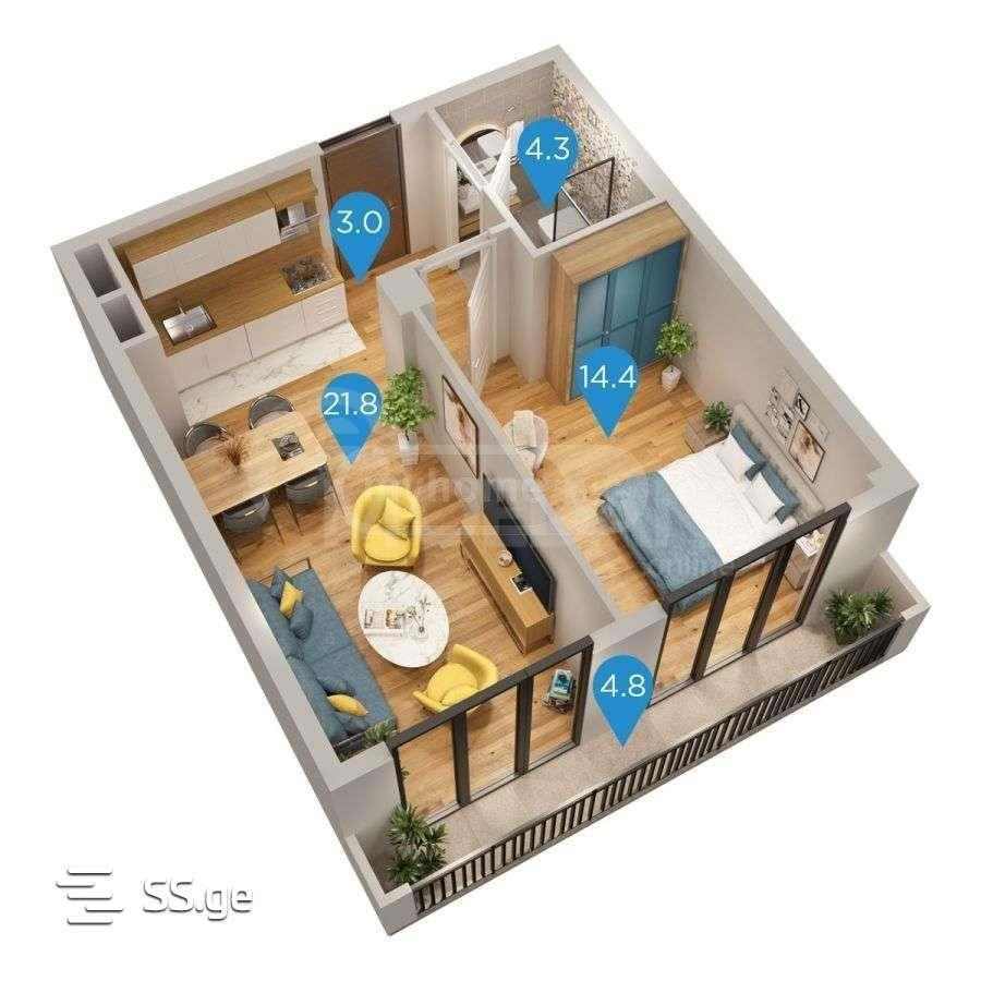 Apartments For Sale two-room 48.3м² 1/4 floor Tbilisi - photo 1