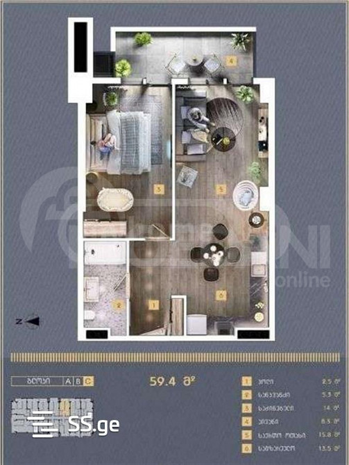 Apartments For Sale two-room 59.4м² 9/30 floor Tbilisi - photo 1