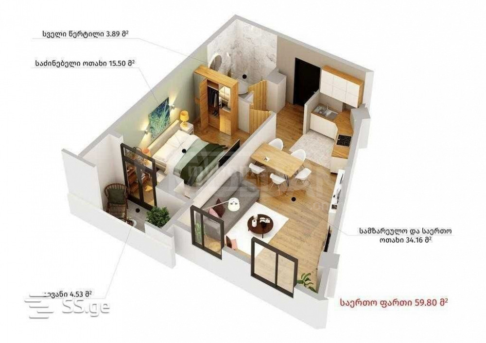 Apartments For Sale two-room 60м² 12/13 floor Tbilisi - photo 2