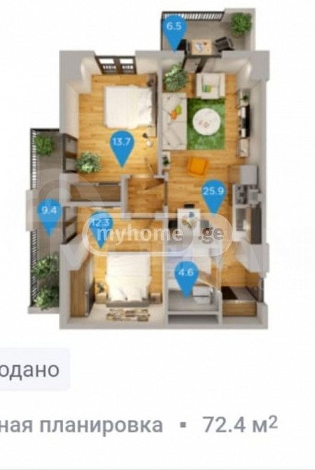 იყიდება 3 ოთახიანი ბინას 72.4მ² 20/24 სართ თბილისი - photo 7