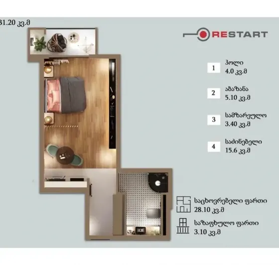 იყიდება 1 ოთახიანი ბინას 31.2მ² 14/15 სართ თბილისი