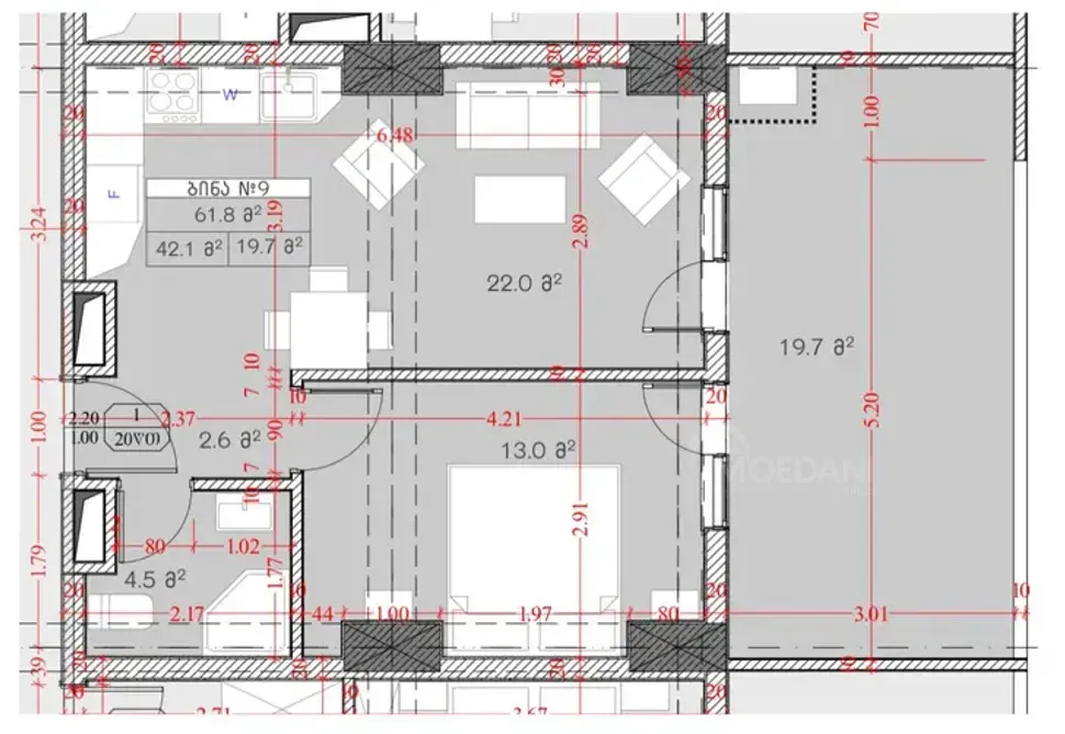 ქირავდება 2 ოთახიანი ბინა 62მ² 2/18 სართ თბილისი - photo 2