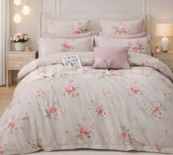 Ღია ნაცრისფერი ყვავილებით გაფორმებული Verda ორსაწოლიანი თეთრეული თბილისი